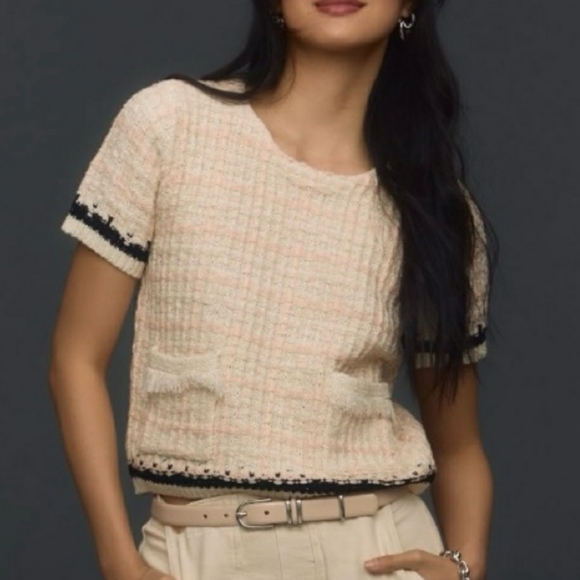Anthropologie Sweaters - Anthropologie Tweed Sweater Tee • Fringe Pockets • Cream Pink Plaid Knit Top M